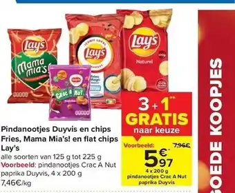 Carrefour Pindanootjes duyvis en chips fries, mama mia's! en flat chips lay's aanbieding