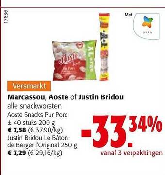 Colruyt Marcassou, aoste of justin bridou snackworsten aanbieding