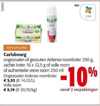 Colruyt Carlsbourg ongezouten of gezouten ardense roomboter, zachte boter of volle room of authentieke verse room aanbieding
