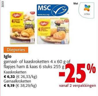 Colruyt Iglo garnaal of kaaskroketten of flapjes ham & kaas aanbieding