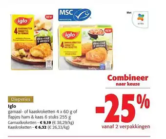 Colruyt Iglo garnaal of kaaskroketten of flapjes ham & kaas aanbieding