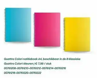 Quattro colori notitieboek a4, beschikbaar in de 8 klassieke quattro colori-kleuren