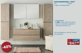 Zelfbouwmarkt Badkamermeubel tony wastafelkast met 4 lades en dubbele wastafel in mineraal marmer aanbieding