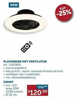 Plafonnier met ventilator zwart