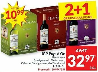 Igp pays d`oc haussmann sauvignon wit, merlot rood, cabernet sauvignon rood of syrah rosé