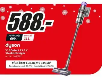 MediaMarkt Dyson V15 Detect 25.2 V Steelstofzuiger aanbieding