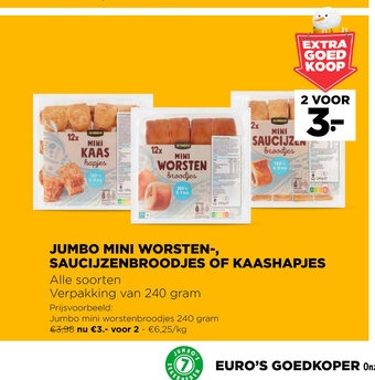 Jumbo Mini Worsten-, Saucijzenbroodjes Of Kaashapjes 240 gram aanbieding