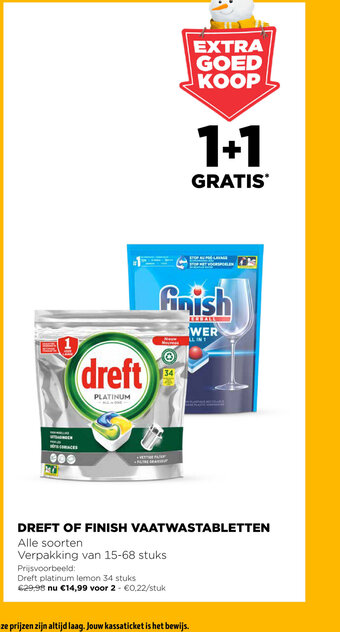 Jumbo Dreft Of Finish Vaatwastabletten 15-68 stuks 1+1 Gratis aanbieding