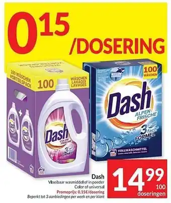 Intermarché Dash vloeibaar wasmiddel of in poeder color of universal aanbieding