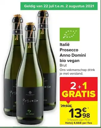 Carrefour Italie Prosecco Anno Domini bio vegan 75 cl aanbieding