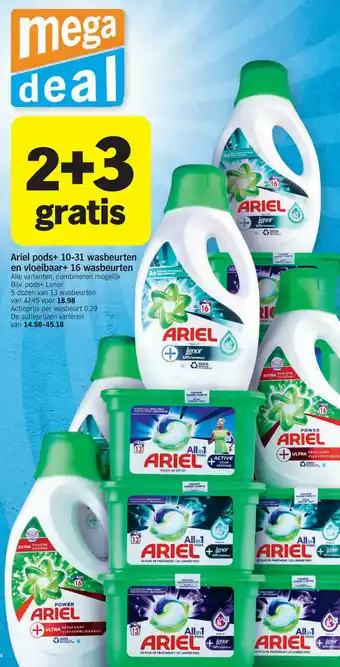 Albert Heijn Ariel pods+ 10-31 wasbeurten en vloeibaar+ 16 wasbeurten 2+3 aanbieding