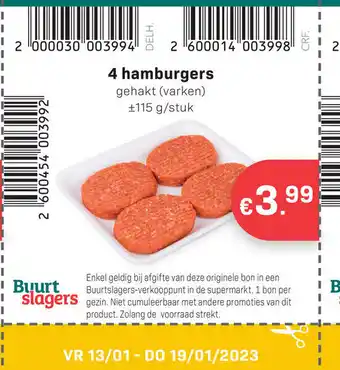 Buurtslagers 4 hamburgers gehakt (varken) 115 g/stuk aanbieding