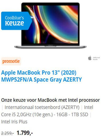 Coolblue Apple MacBook Pro 13" (2020) MWP52FN/A Space Gray Azerty aanbieding