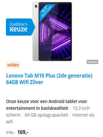 Coolblue Lenovo Tab M10 Plus (2de generatie) 64GB Wifi Zilver aanbieding