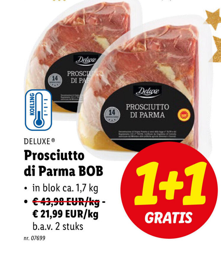Deluxe prosciutto di parma BOB 1+1 gratis promotie bij Lidl