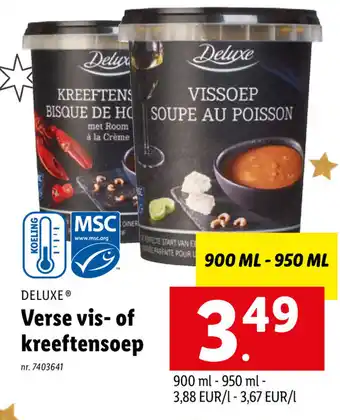 Lidl Deluxe verse vis- of kreeftensoep 900ml aanbieding