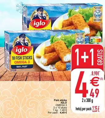 Cora Fish sticks iglo 2 x 300g 1+1 gratis aanbieding