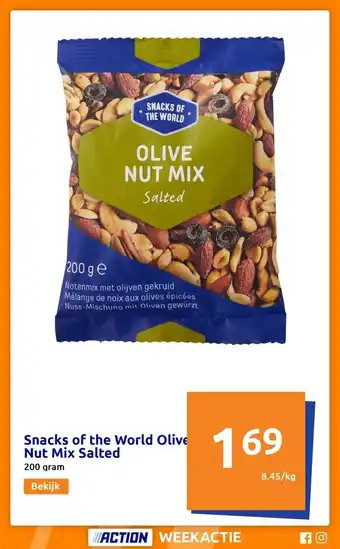 Action Snack of the World Olive Nut Mix Salted 200 gram aanbieding