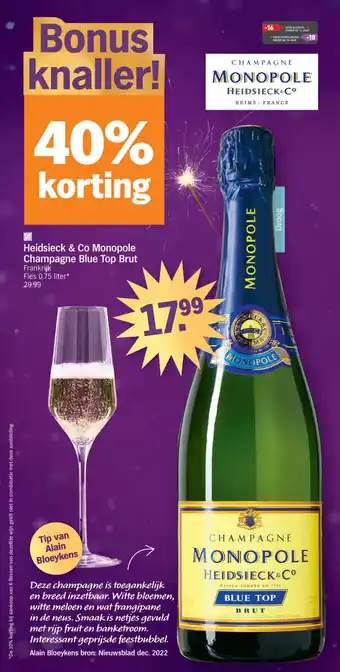 Albert Heijn Heidsieck & Co Monopole Champagne Blue Top Brut 0.75 liter aanbieding