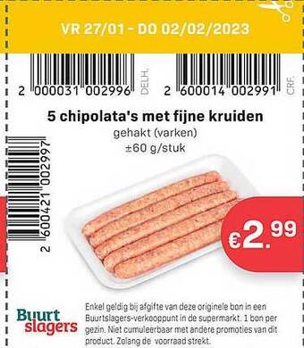 Buurtslagers Chipolata's met fijne kruiden aanbieding