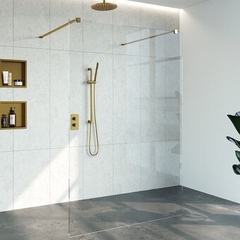 Sawiday Saniclass create vrijstaande inloopdouche 140x200cm profielloos met antikalk en 8mm veiligheidsglas goud geborsteld aanbieding