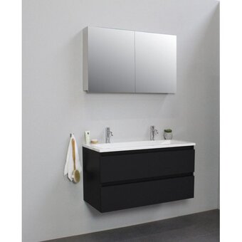 Adema bella badmeubel met acryl wastafel zwart 2 kraangaten met 2 deurs spiegelkast grijs 100x55x46cm zwart mat flat pack
