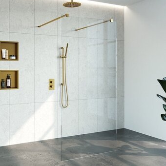 Sawiday Saniclass create vrijstaande inloopdouche 100x200cm profielloos met antikalk en 8mm veiligheidsglas goud geborsteld aanbieding