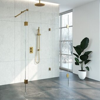 Saniclass create inloopdouche reversed 130x200x100cm profielloos met antikalk en 8mm veiligheidsglas goud geborsteld