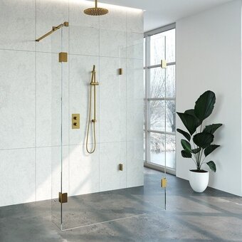 Saniclass create inloopdouche reversed 130x200x100cm profielloos met antikalk en 8mm veiligheidsglas goud geborsteld