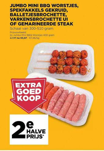 Jumbo Jumbo Mini Bbq Worstjes, Spekfakkels Gekruid, Balletjesbrochette, Varkensbrochette Ui Of Gemarineerde Steak aanbieding