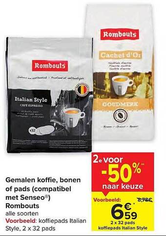 Carrefour Gemalen koffie, bonen of pads rombouts aanbieding