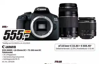 MediaMarkt Canon EOS 2000D + 18+55mm DC+75-300mm DC Fototoestel aanbieding