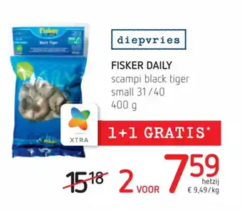 Spar Colruyt Fisker Daily Scampi Black Tiger Small 31/40 400g aanbieding