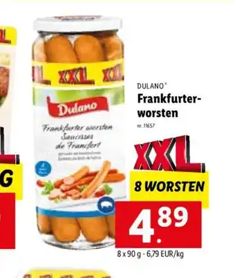 Lidl Dulano Frankfurter-worsten 8 x 90 g aanbieding