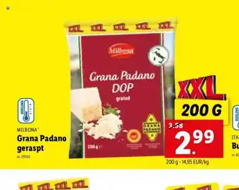 Lidl Milbona Grana Padano geraspt 200 g aanbieding