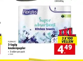 Lidl Floralys 3-lagig keukenpapier 3 x 100 vellen aanbieding