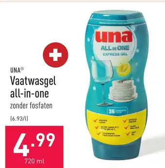 ALDI UNA vaatwasgel all-in-one 720ml aanbieding