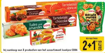 Cora bi aankoop van 3 producten van het assortiment koekjes CORA 2+1 gratis aanbieding