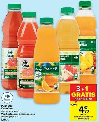 Carrefour Puur sinaasappelsap zonder pulp aanbieding