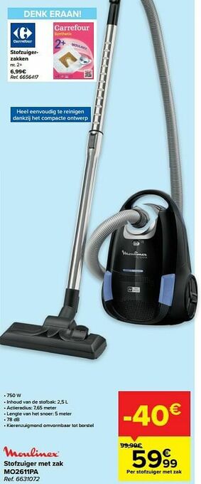 Carrefour Moulinex stofzuiger met zak mo2611pa aanbieding