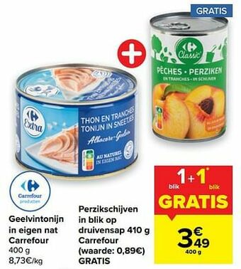 Geelvintonijn in eigen nat carrefour + perzikschijven in blik op druivensap carrefour