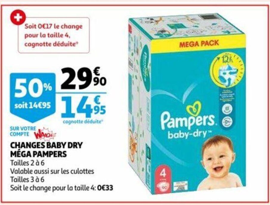Pampers Mega Changes Baby Dry Tailles 2 a 6 promotie bij Auchan