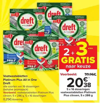 Carrefour Market Vaatwastabletten platinum plus all in one dreft 5 x 286g. 2+3 gratis aanbieding