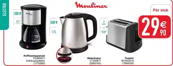 Cora Moulinex Koffiezetapparaat FG360811, Waterkoker LT340811, Toaster BY550D10 aanbieding