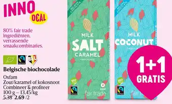 Delhaize Oxfam Belgische Biochocolade Zout/Karamel of Kokosnoot 1+1 Gratis aanbieding