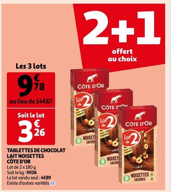 Auchan Tablettes de chocolat lait noisettes cote d'or aanbieding