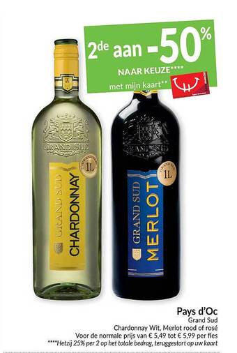 Pays d'oc grand sud chardonnay wit, merlot rood of rosé