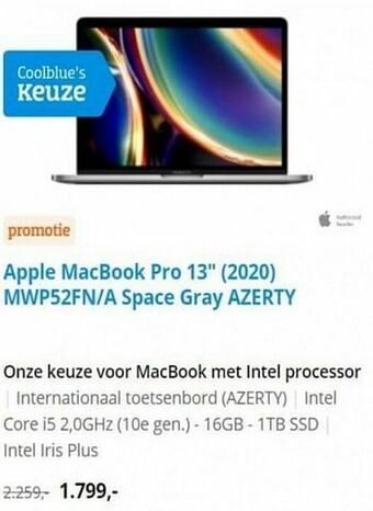 Coolblue Apple macbook pro 13`` 2020 mwp52fn-a space gray azerty aanbieding