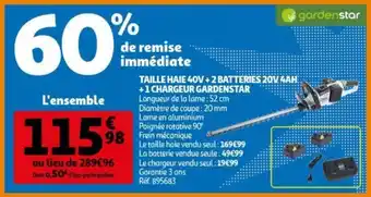 Taille haie 40V + 2 batteries 20V 4AH + 1 chargeur gardenstar ref. 895683