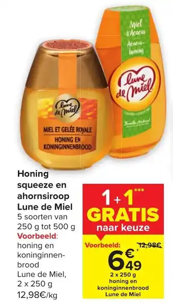 Carrefour Honing squeeze en ahornsiroop lune de miel 2 x 250g, 1+1 gratis naar keuze aanbieding